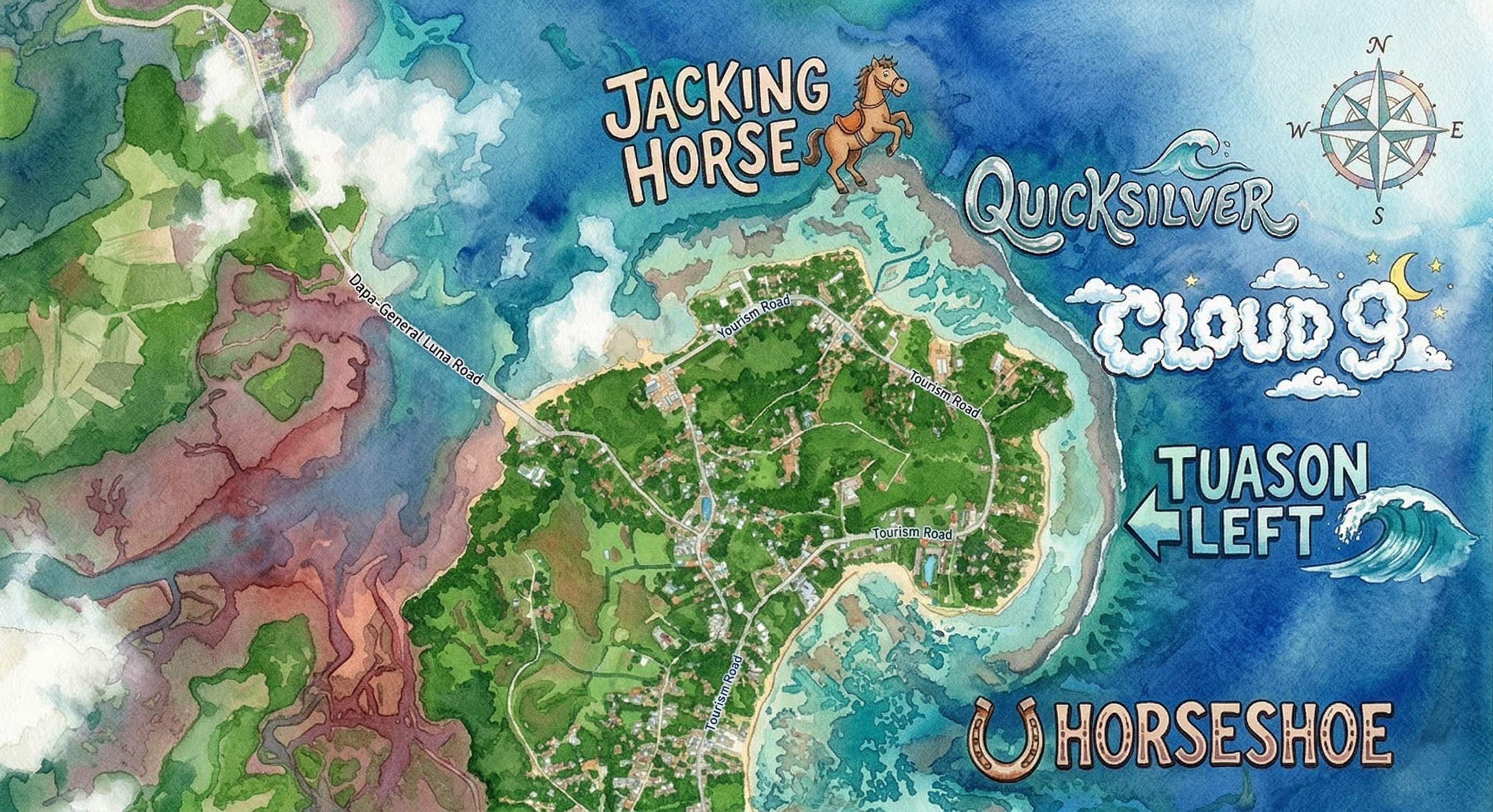 Siargao Surfing Map, Cloud 9, Jacking Horse, Pacifico